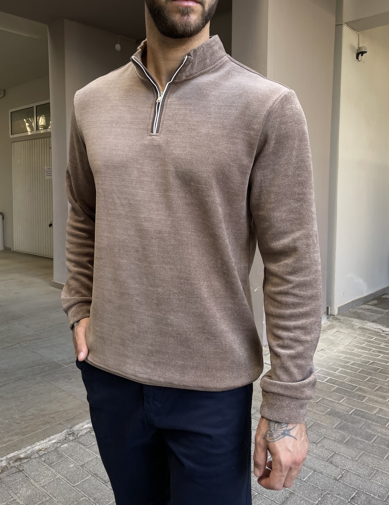 Ανδρικό πούρο πουλόβερ μονόχρωμο με γιακά και φερμουάρ 4477 φωτογραφία